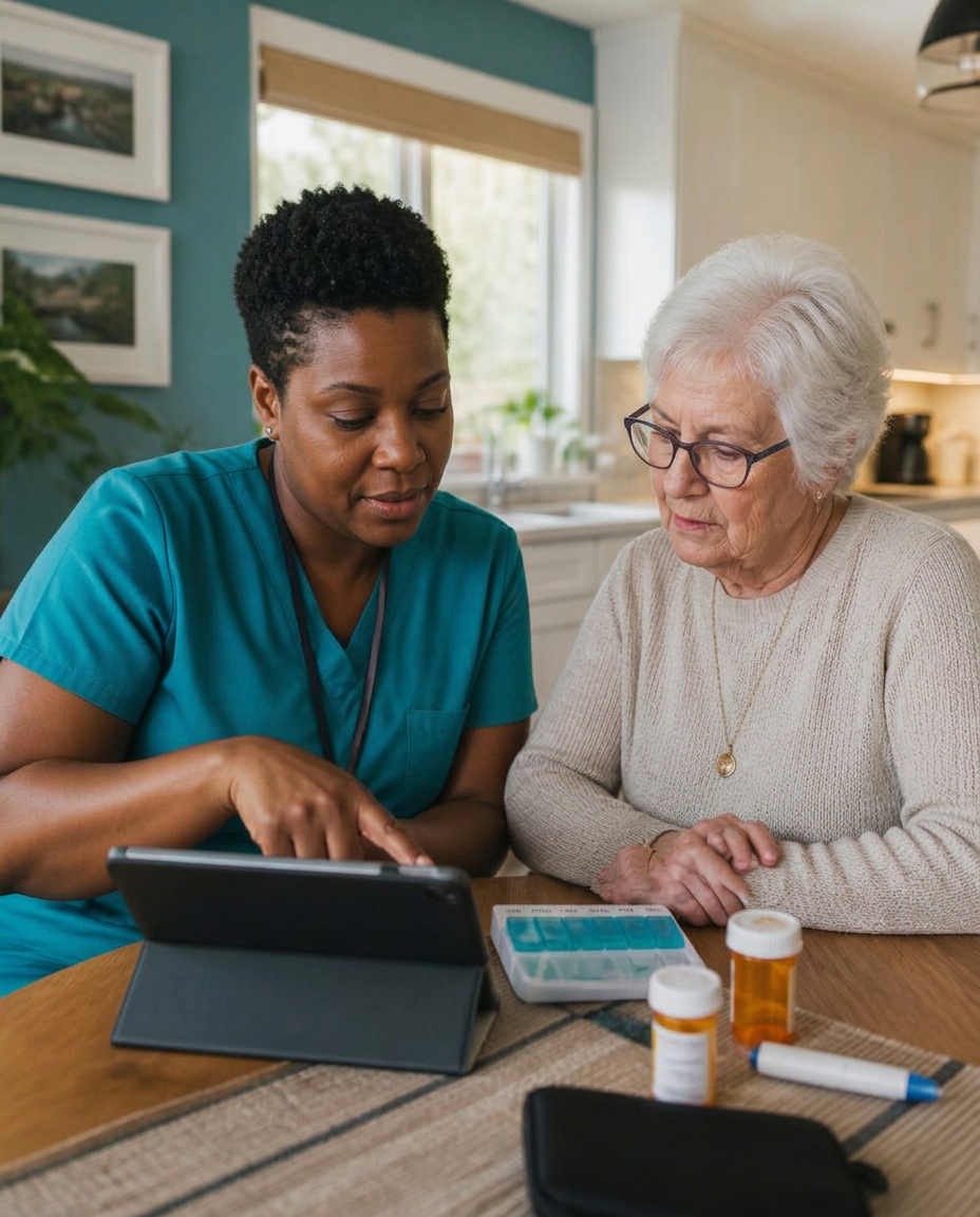 A home health aide reviewing medications at the kitchen table with an elderly woman