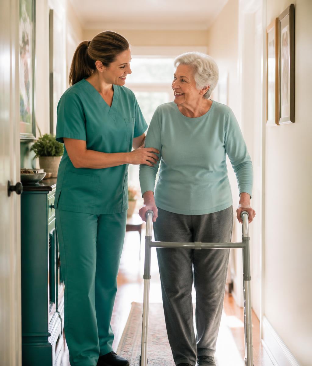 A physical therapist helping an older woman walk with a walker in her hallway